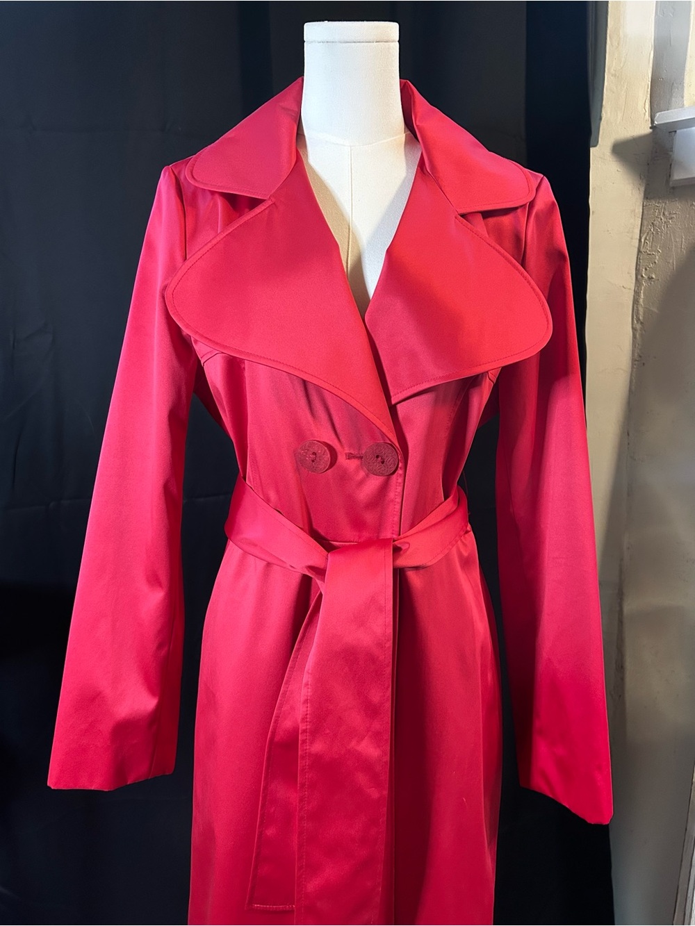 Tahari Vibrant Pink Double-Breasted Trench Coat